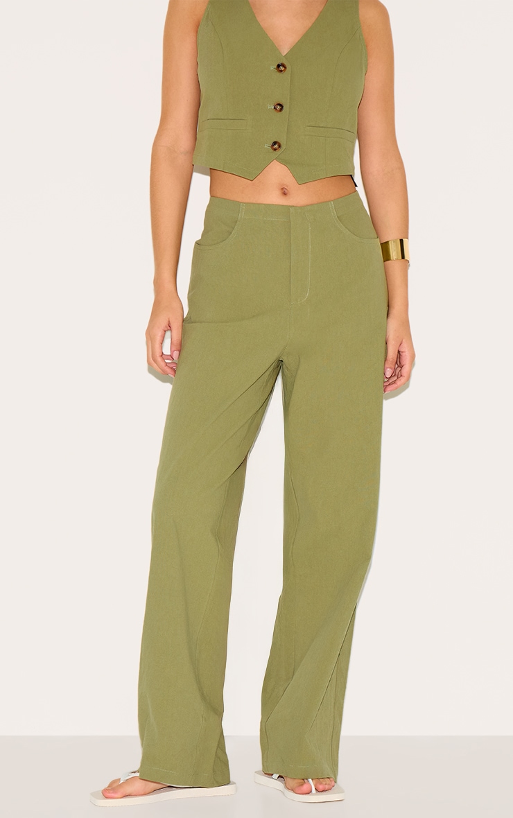 Khaki Linen Look Mid Rise Wide Leg Pant image 2