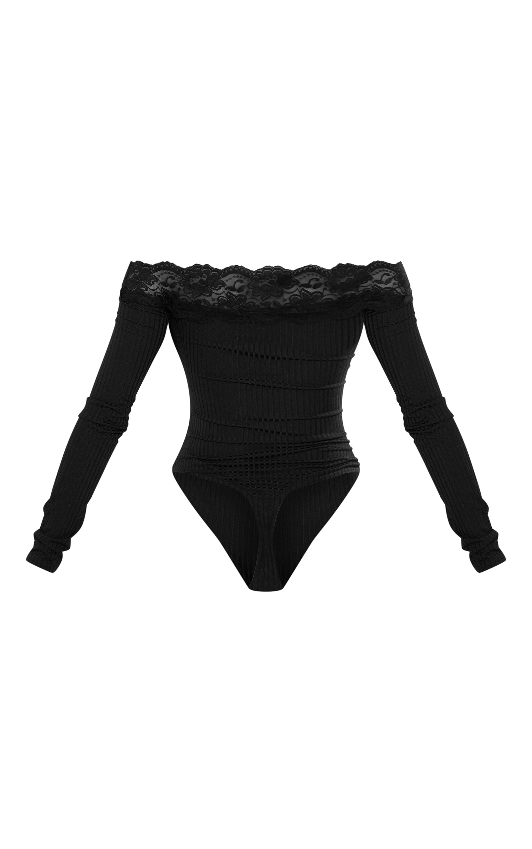 Black Lace Trim Bardot Rib Bodysuit Tops PrettyLittleThing USA