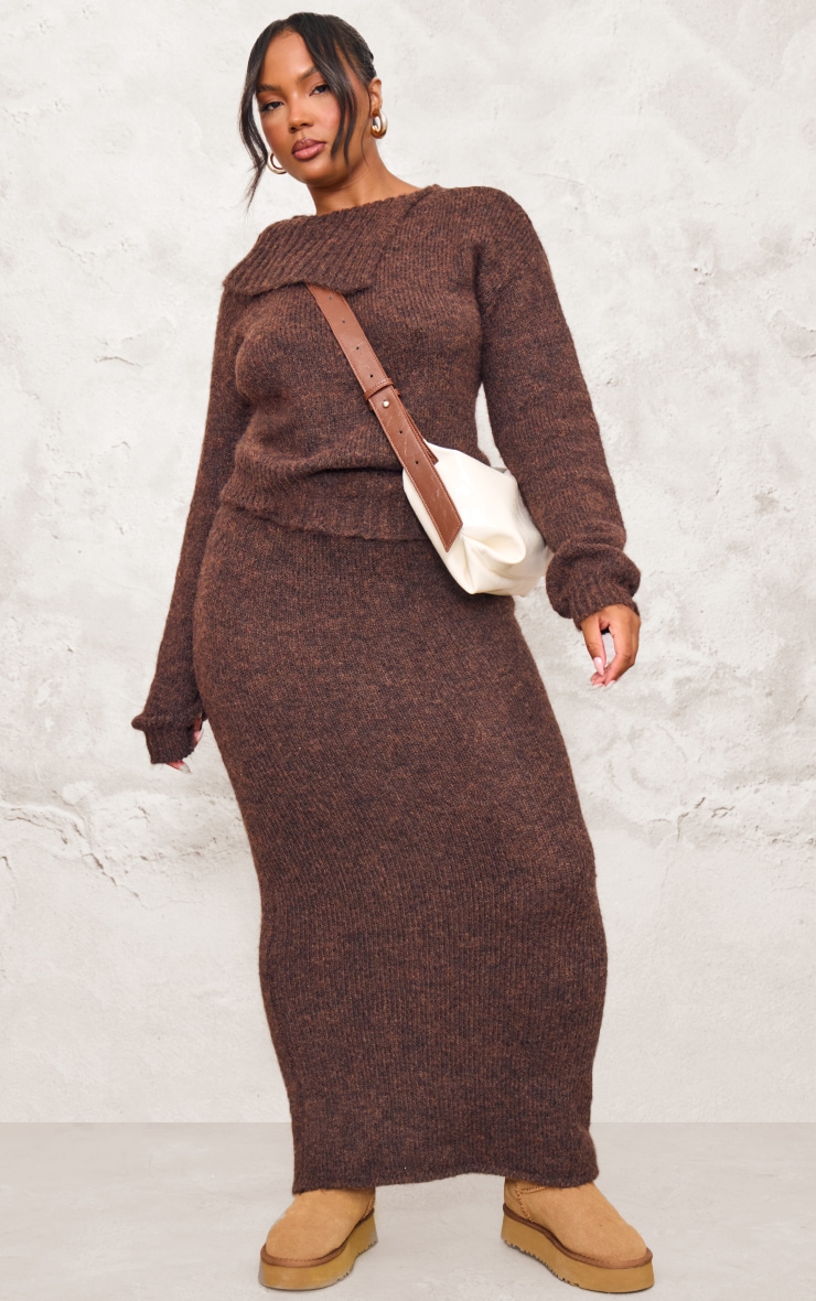 Plus Chocolate Marl Knit Asymmetric Overlay Jumper image 3