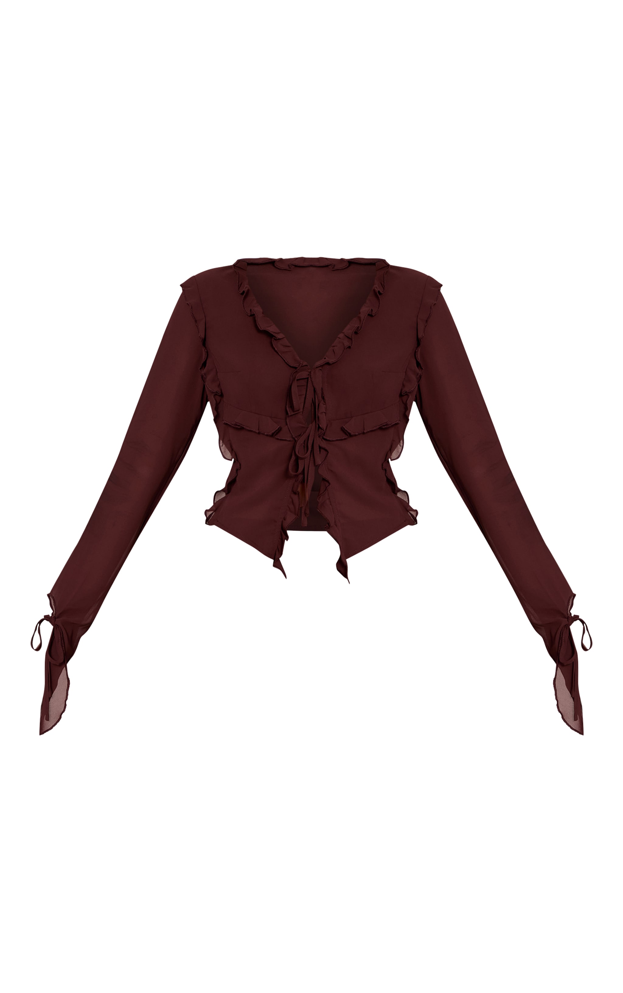 Dark Brown Chiffon Ruffle Tie Front Blouse image 5