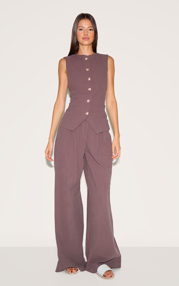 Dark Brown Linen Look Wide Leg Pleated Pants image 2