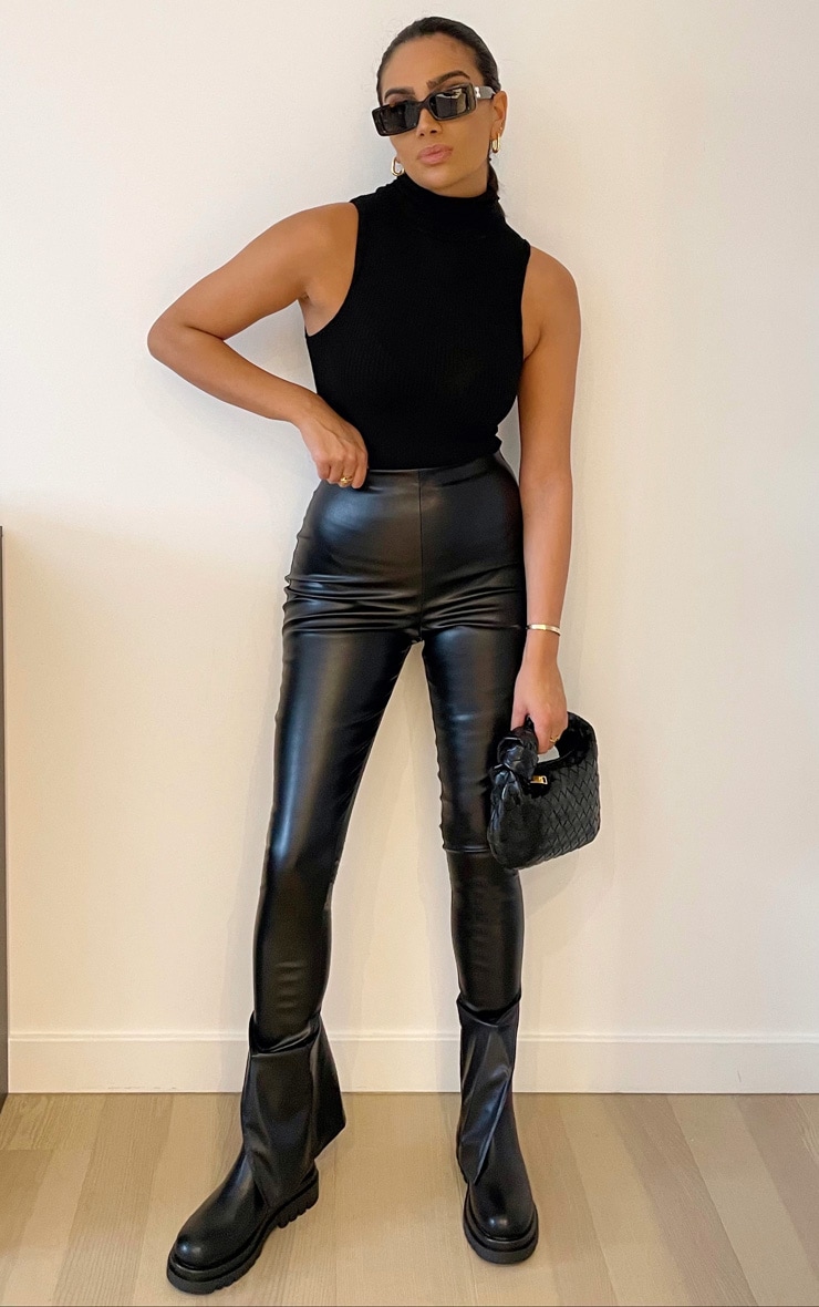 Black Faux Leather Split Hem Pants