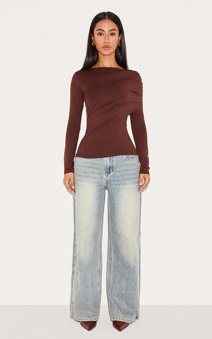 Petite Chocolate Slinky Drape Detail Long Sleeve Top image 3