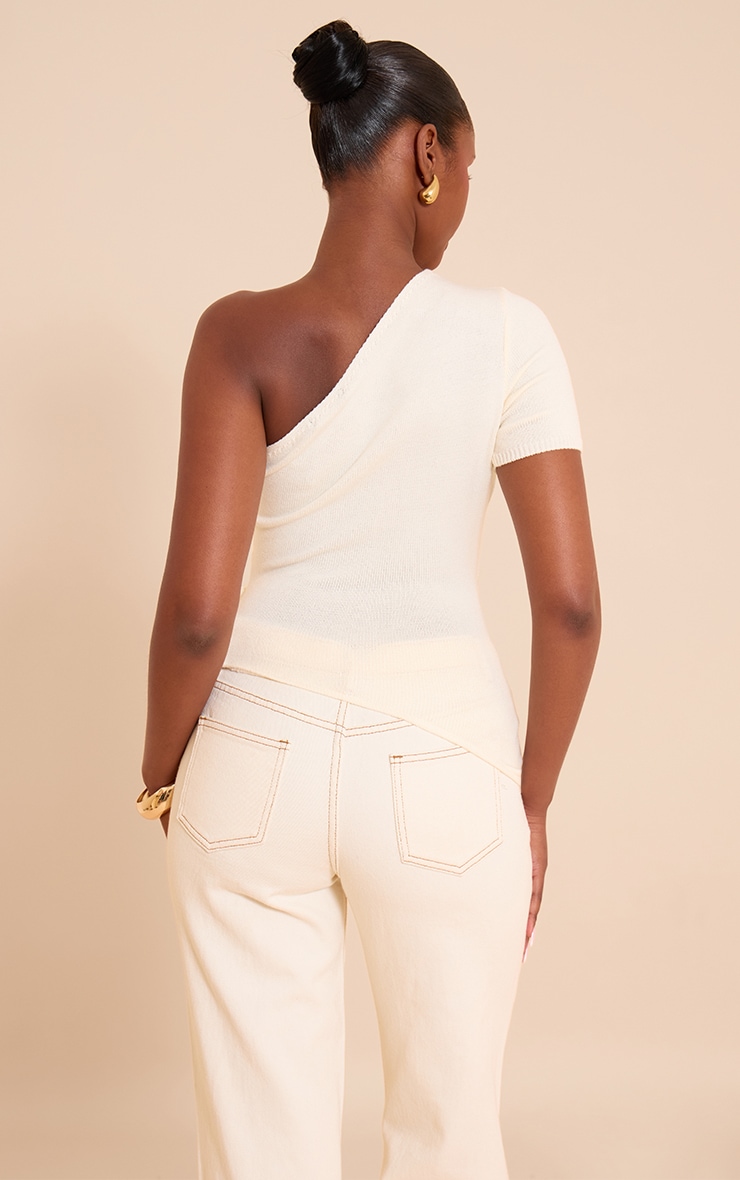 Cream One Shoulder Asymmetric Trim Detail Knit Top image 2