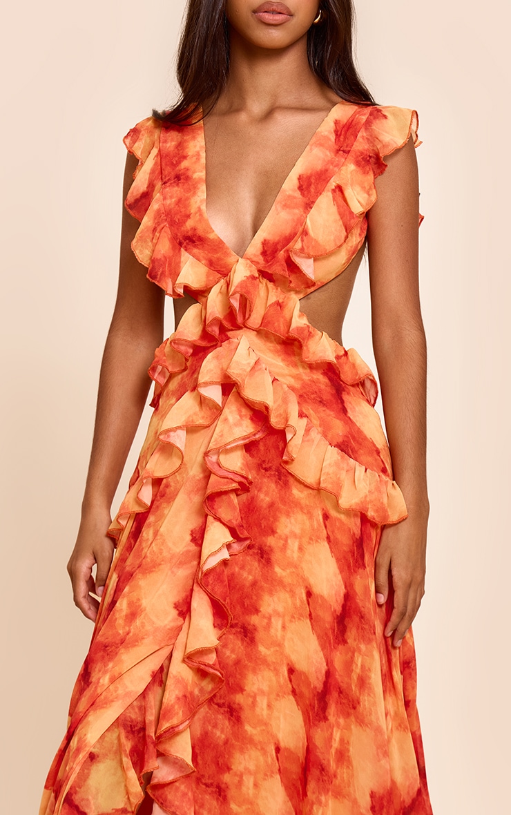 Petite Orange Printed Frill Maxi Dress image 4