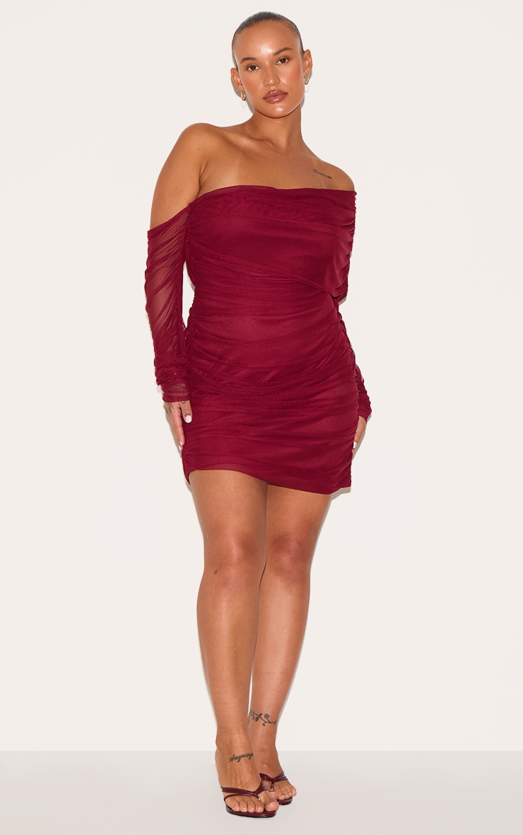 Plus Burgundy Layered Mesh Asymmetric Long Sleeve Mini Dress image 3