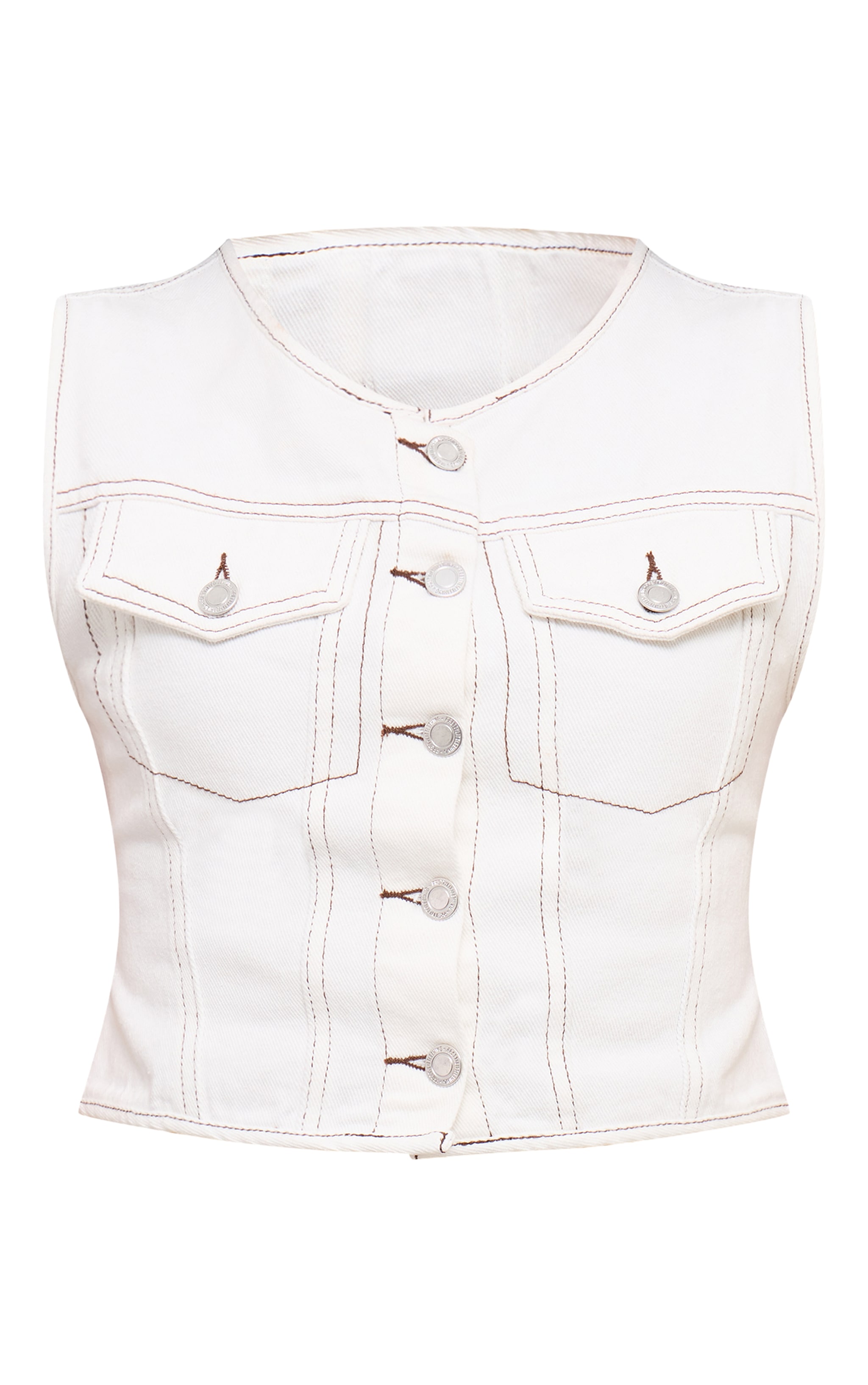 White Round Neck Button Detail Sleeveless Denim Crop Top image 5