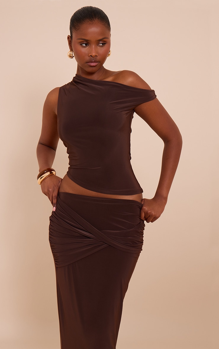 Chocolate Double Layered Slinky One Shoulder Longline Top image 1