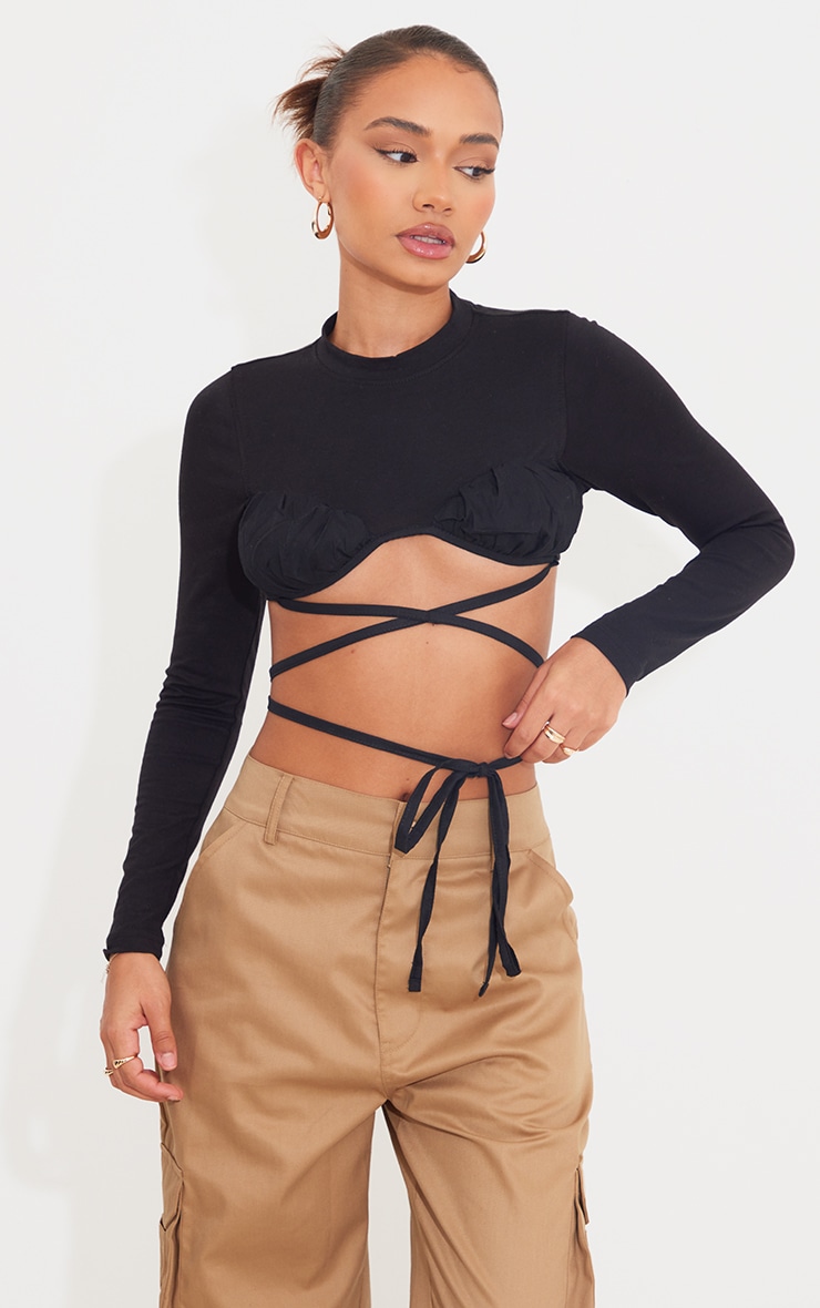 Petite Black Ruched Bust Long Sleeve Crop Top PrettyLittleThing USA