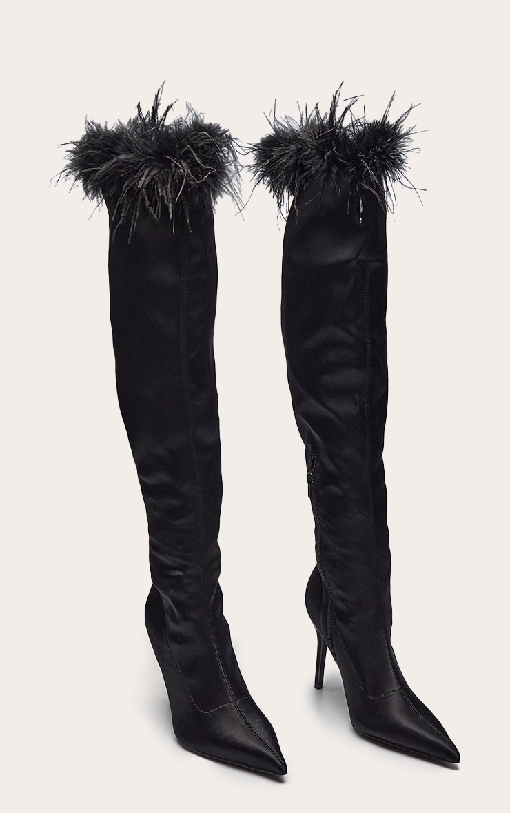 Black Satin Feather Trim Heeled Knee High Boot image 3