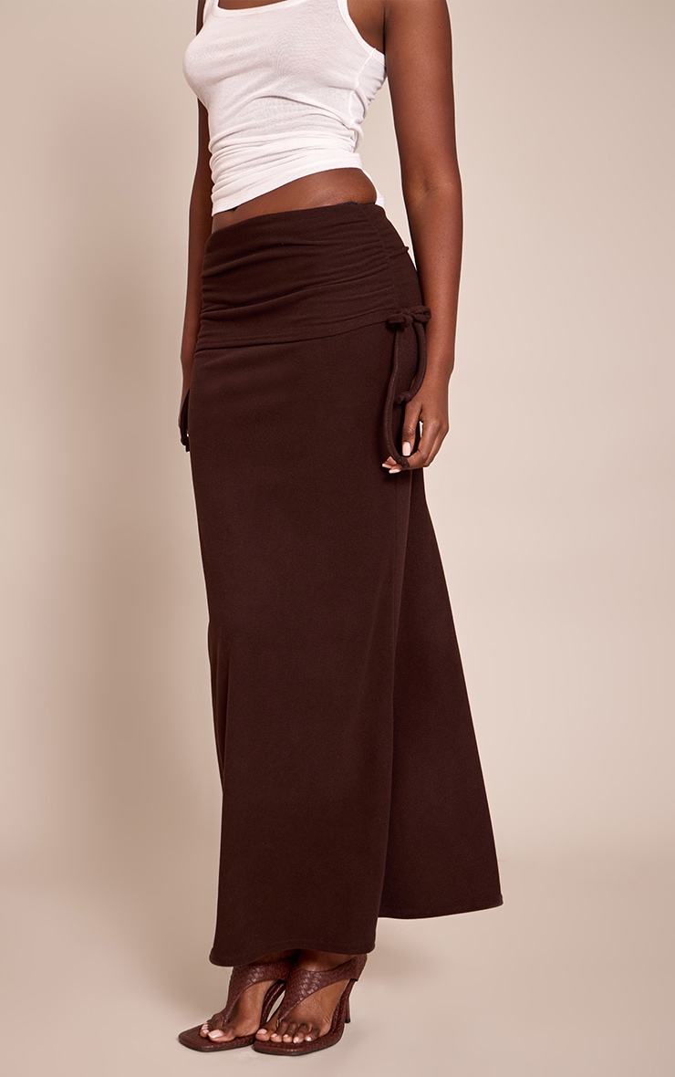 Chocolate Brushed Rib Ruched Detail Maxi Skirt image 2