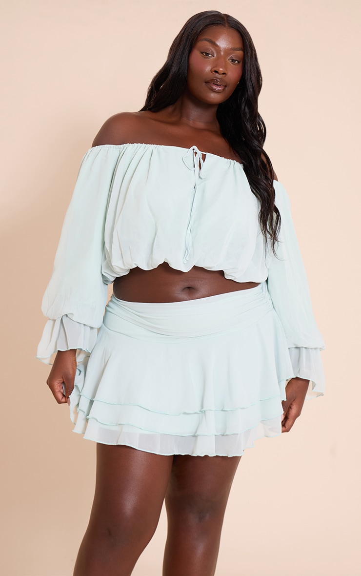 Plus Sage Chiffon Bardot Balloon Sleeve Top image 1