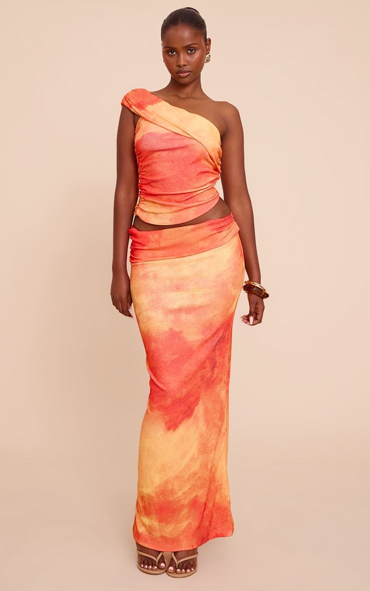 Orange Abstract Print Onion Skin Ruched Side Asymmetric Top image 3