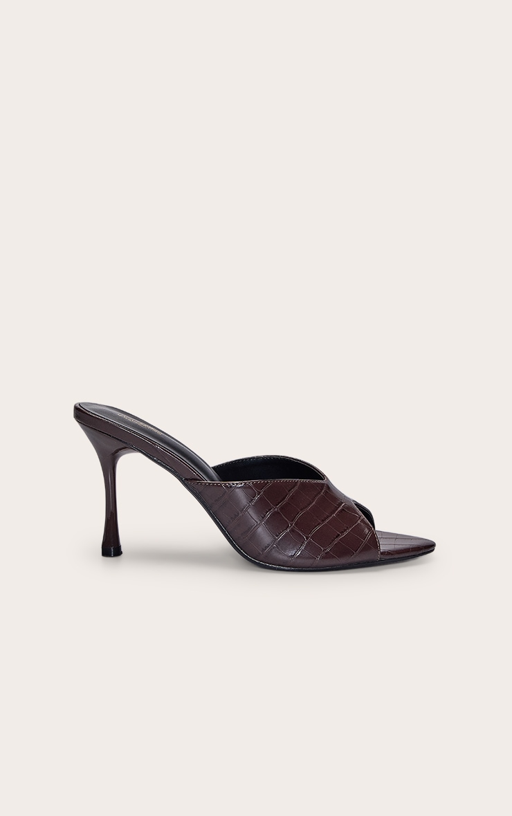 Chocolate Croc PU Heeled Mules image 2