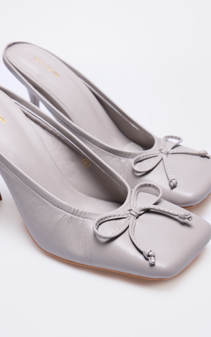 Grey PU Square Toe Bow Detail High Stiletto Heeled Mules image 4