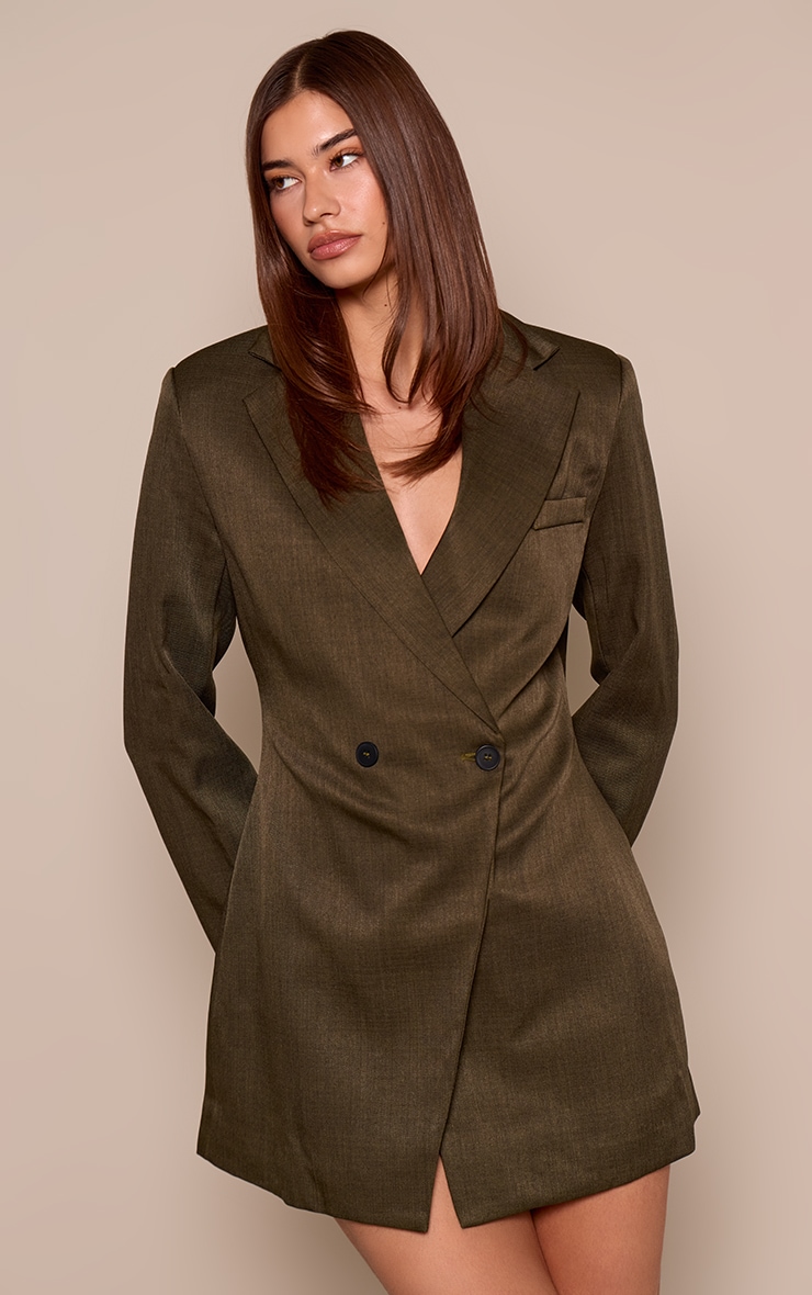Khaki Woven Double Breasted Cinched Waist Blazer Dress image 1