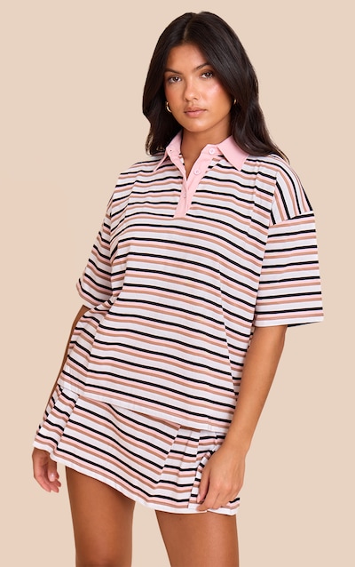 Pink Striped Oversized Collared T-shirt