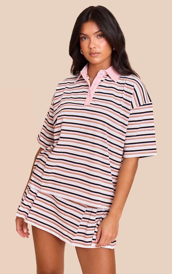 Pink Striped Oversized Collared T-shirt
