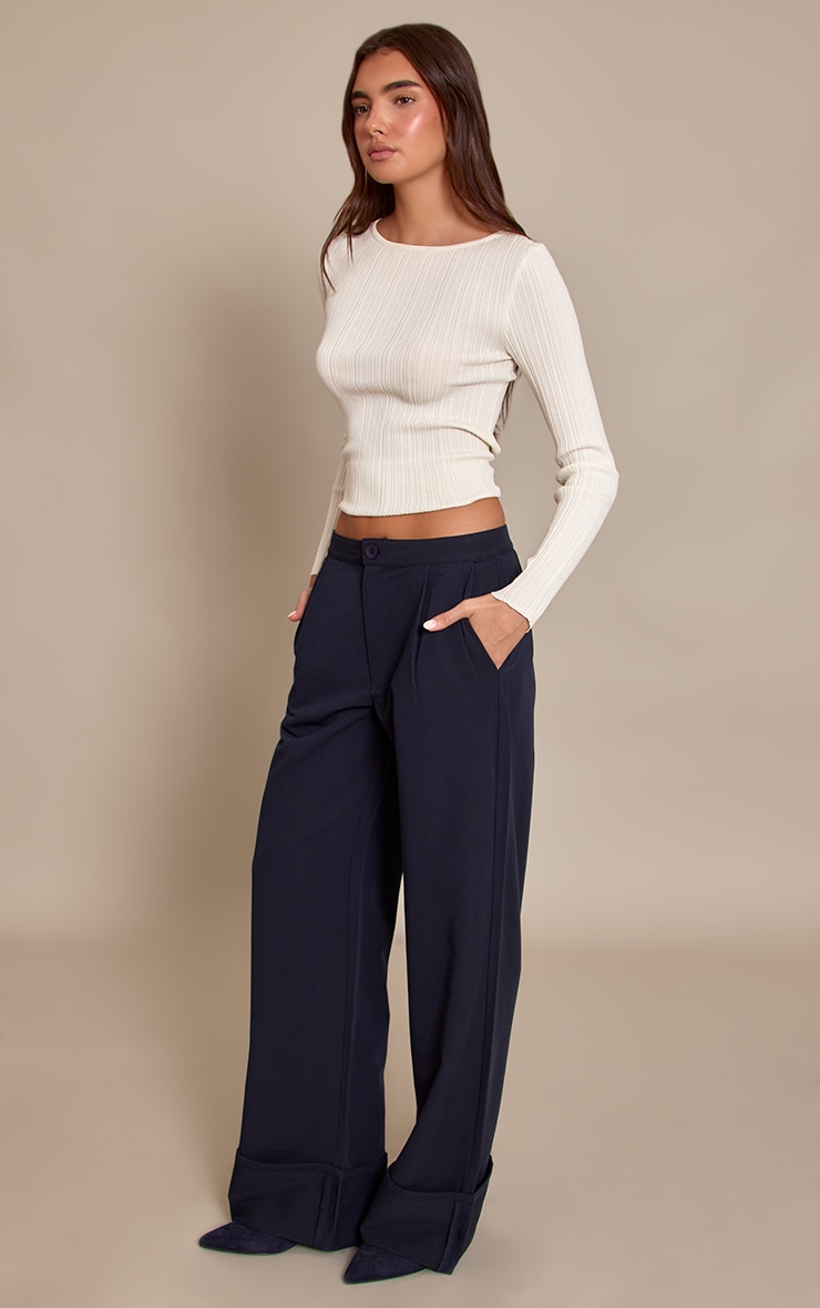 Navy Woven Tailored Wide Leg Pleated Pants image 2