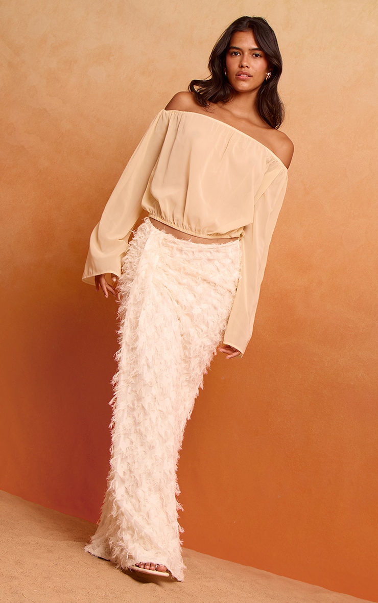 Cream Distressed Woven Dip Waist Maxi Skirt image 2