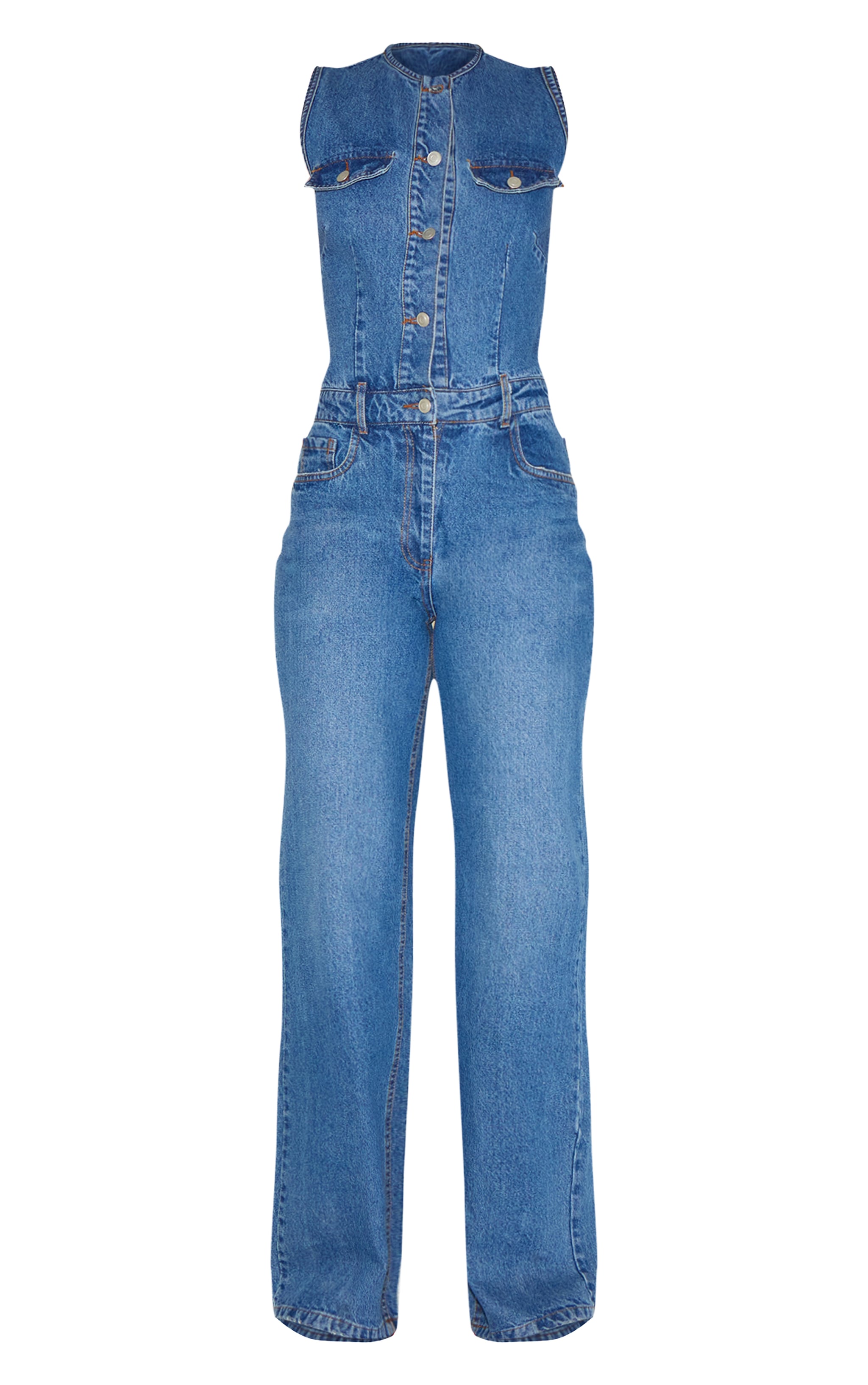Tall Mid Blue Wash Sleeveless Shirt Style Denim Jumpsuit image 5