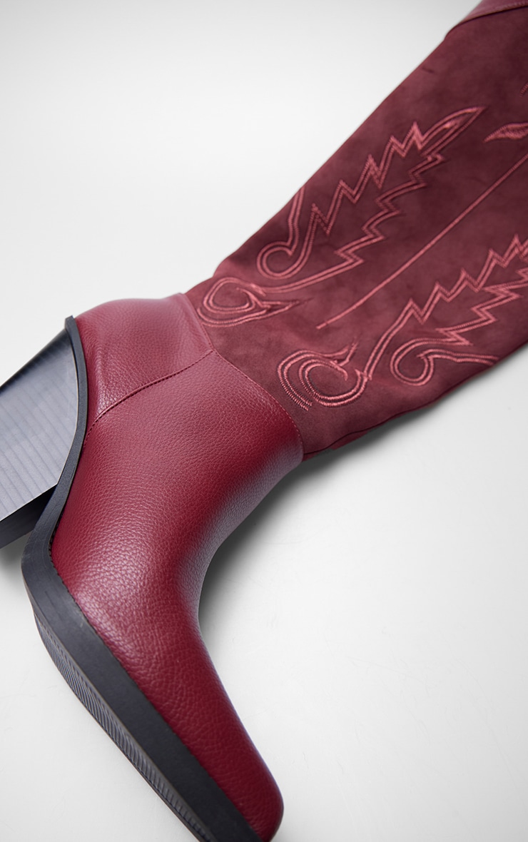 Burgundy Faux Suede Point Toe Knee High Stitch Detail Block Heel Western Boots image 2