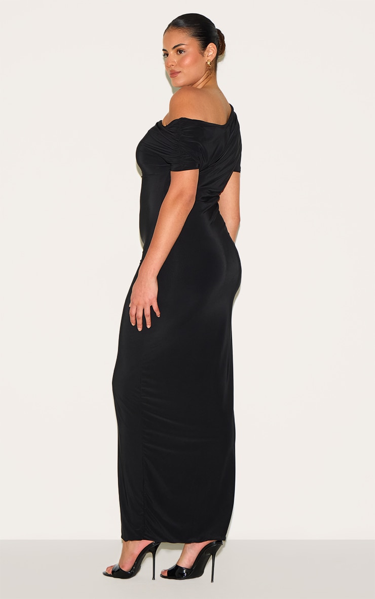 Plus Black Double Layer Slinky Asymmetric Ruched Sleeve Maxi Dress image 2
