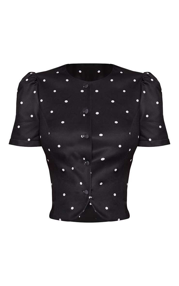 Black Polka Dot Tailored Short Sleeve Button Up Top image 5