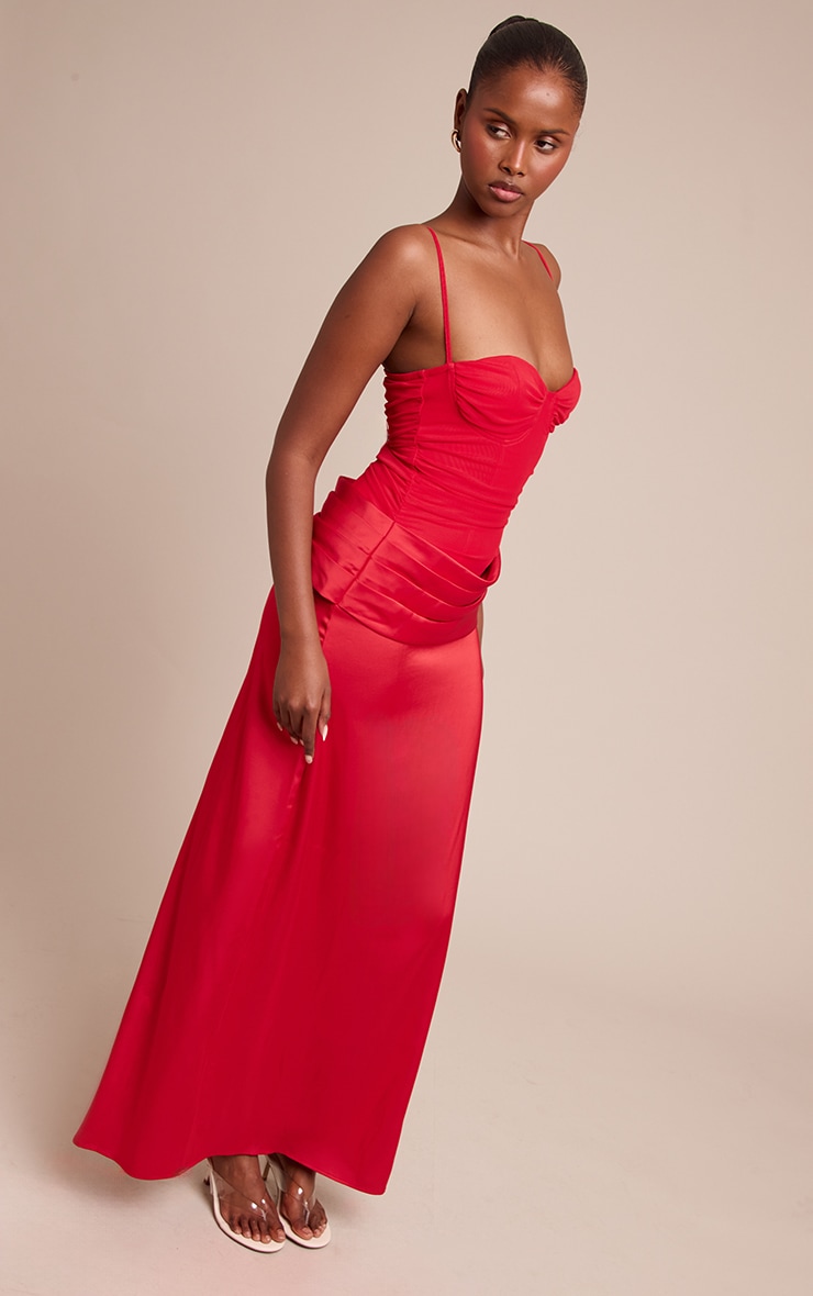 Red Chiffon Dropped Waist Ruched Detail Maxi Dress image 3