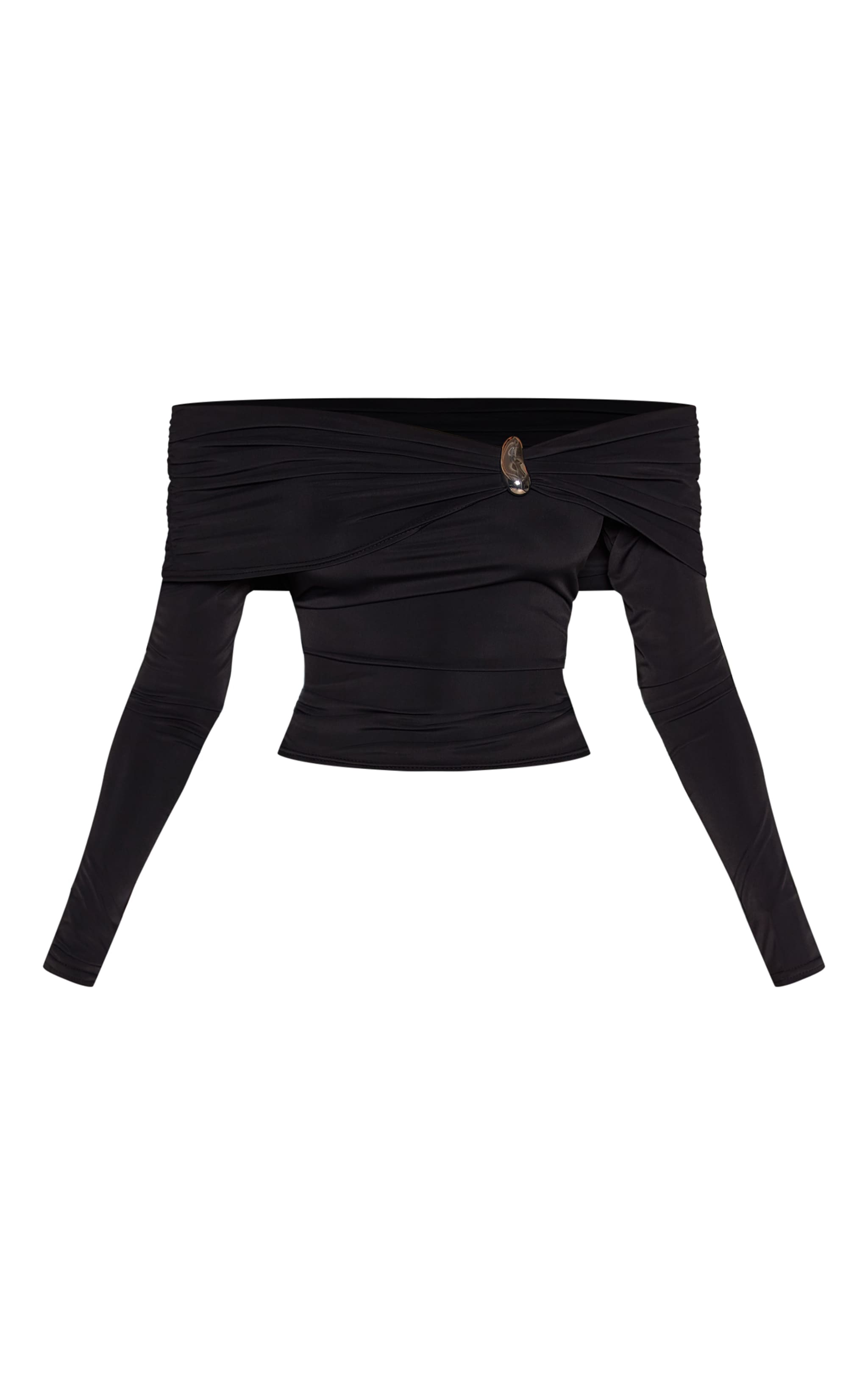 Black Matte Sculpt Trim Detail Bardot Long Sleeve Top image 5