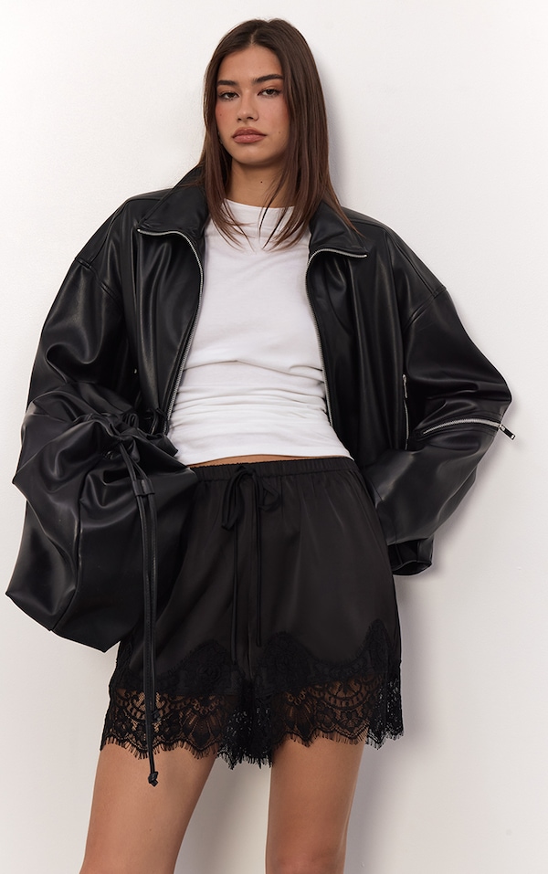 Black Lace Trim Satin Drawstring Shorts