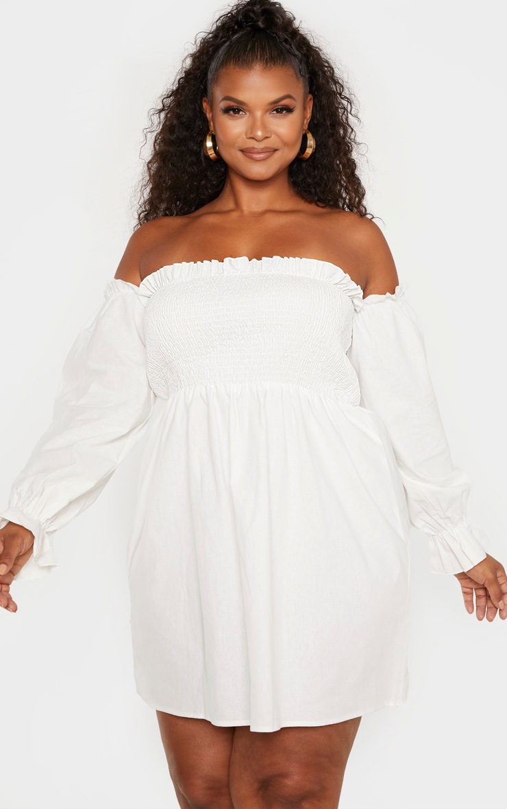 Plus White Shirred Bardot Long Sleeve Dress