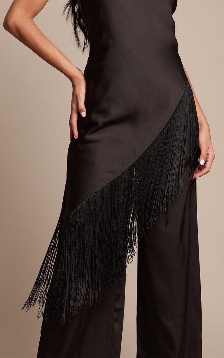 Black Satin Fringe Detail Jumpsuit image 4