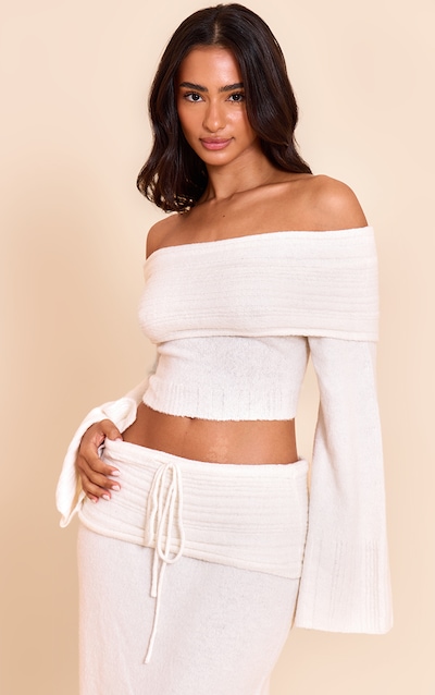 Petite Cream Rib Soft Knit Bardot Top