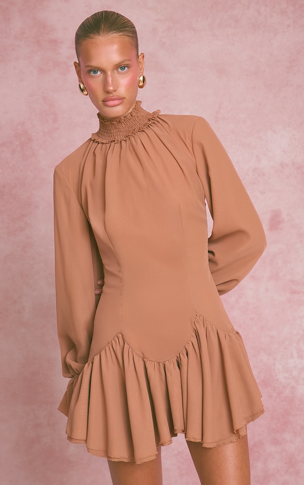 Peach Chiffon Frill Hem Shift Dress