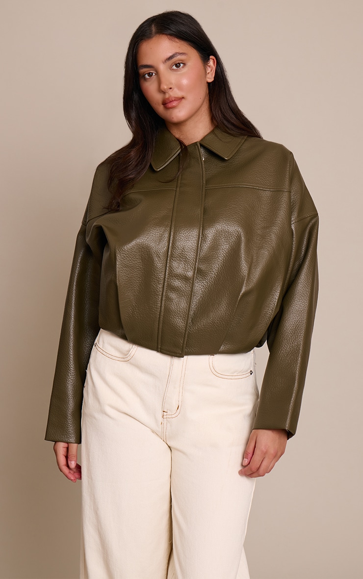 Khaki Faux Leather Covered Placket Bomber Jacket