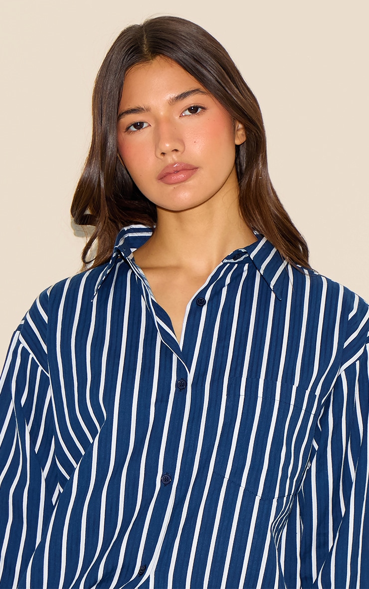 Navy Striped Oversized Long Sleeve Shirt image 4