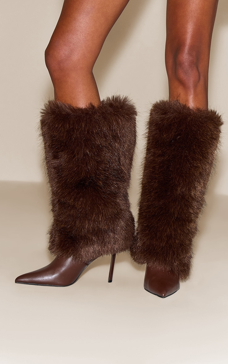 Chocolate Faux Fur Knee High Heeled Boot