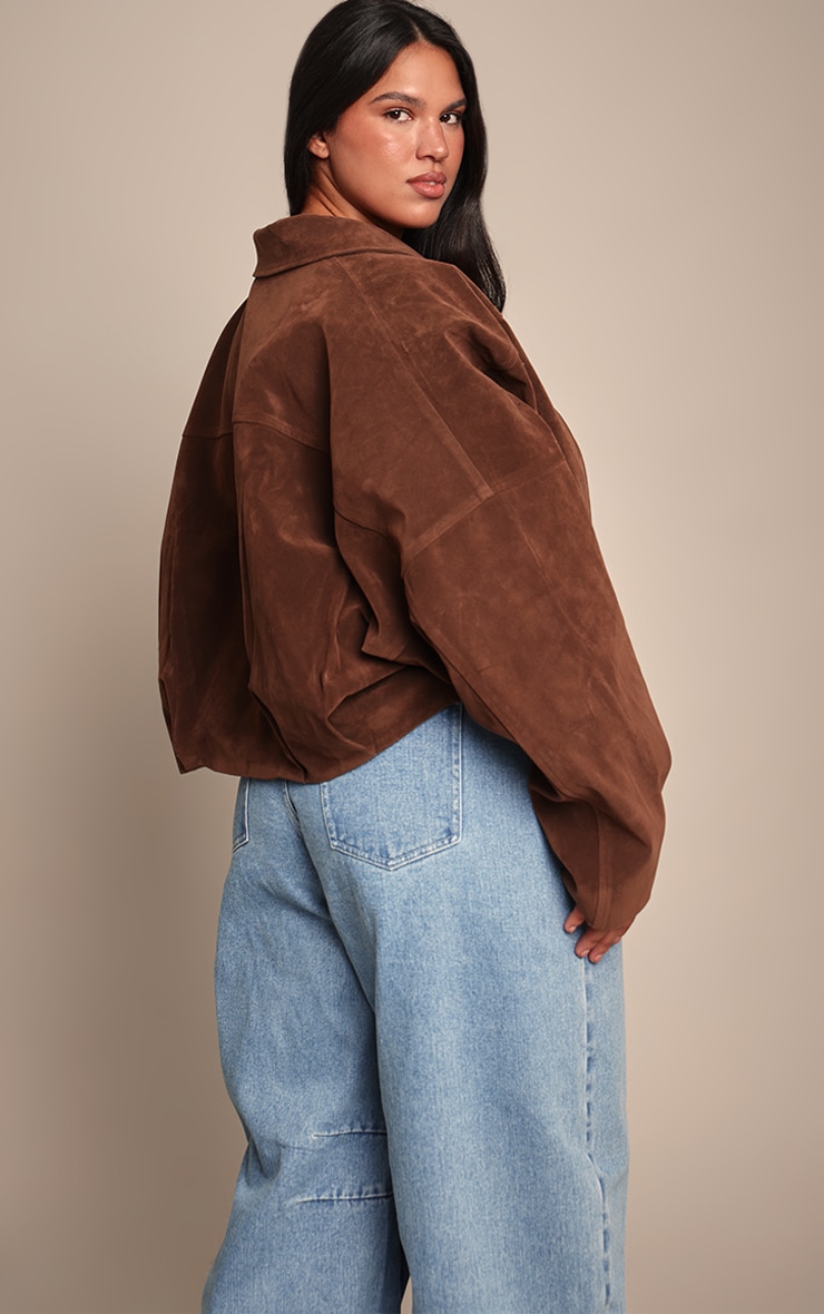 Plus Chocolate Faux Suede Covered Placket Bomber Jacket image 2