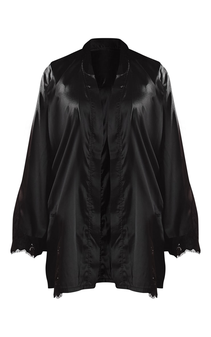 Black Satin Lace Detailing Midi Robe Lingerie Nightwear PLT QA