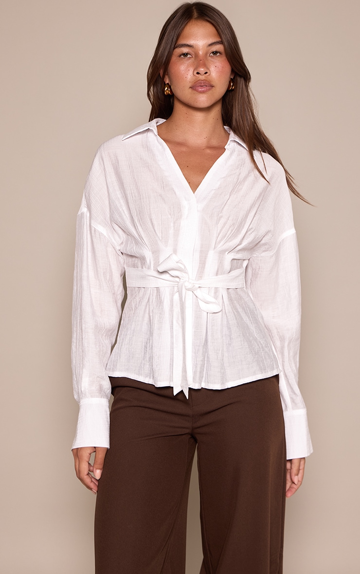White Woven Wrap Tie Shirt image 1