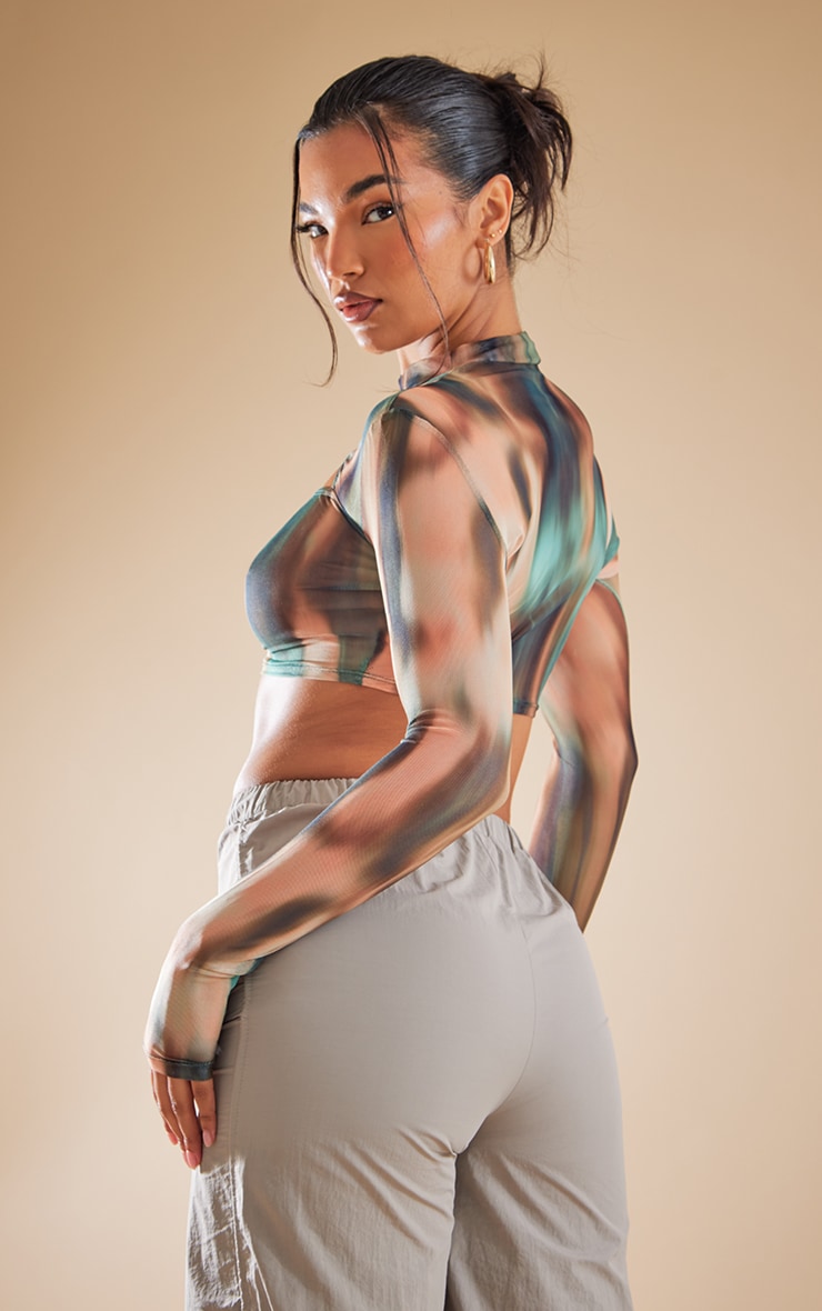 Multi Printed Mesh Cut Out Front High Neck Crop Top image 2