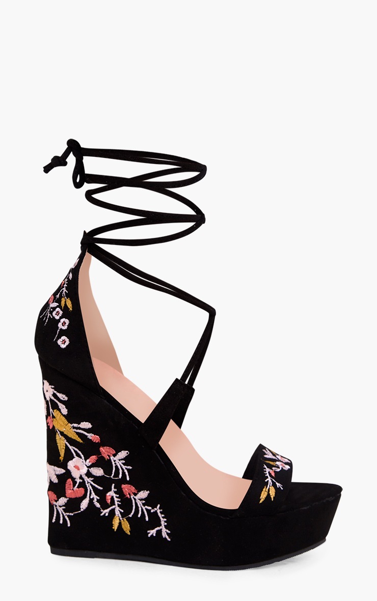 Black Embroidered Lace Up Wedges High_Heels PrettyLittleThing