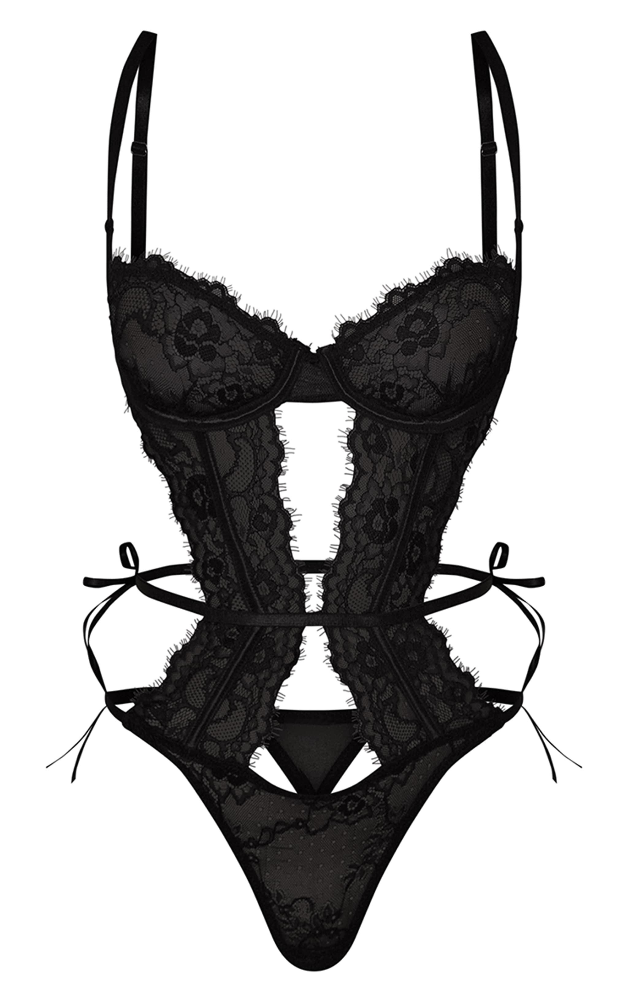 Black Cut Out Side Tie Lace Detail Bodysuit image 6