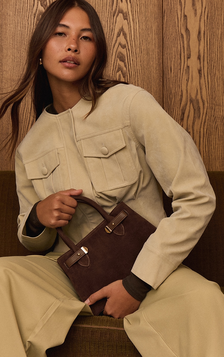 Ecru Faux Suede Covered Button Cinch Waist Jacket image 4