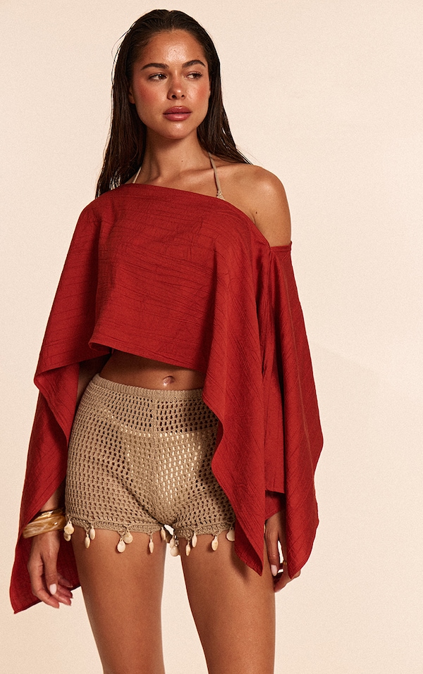 Rust Linen Look Long Sleeve Beach Top