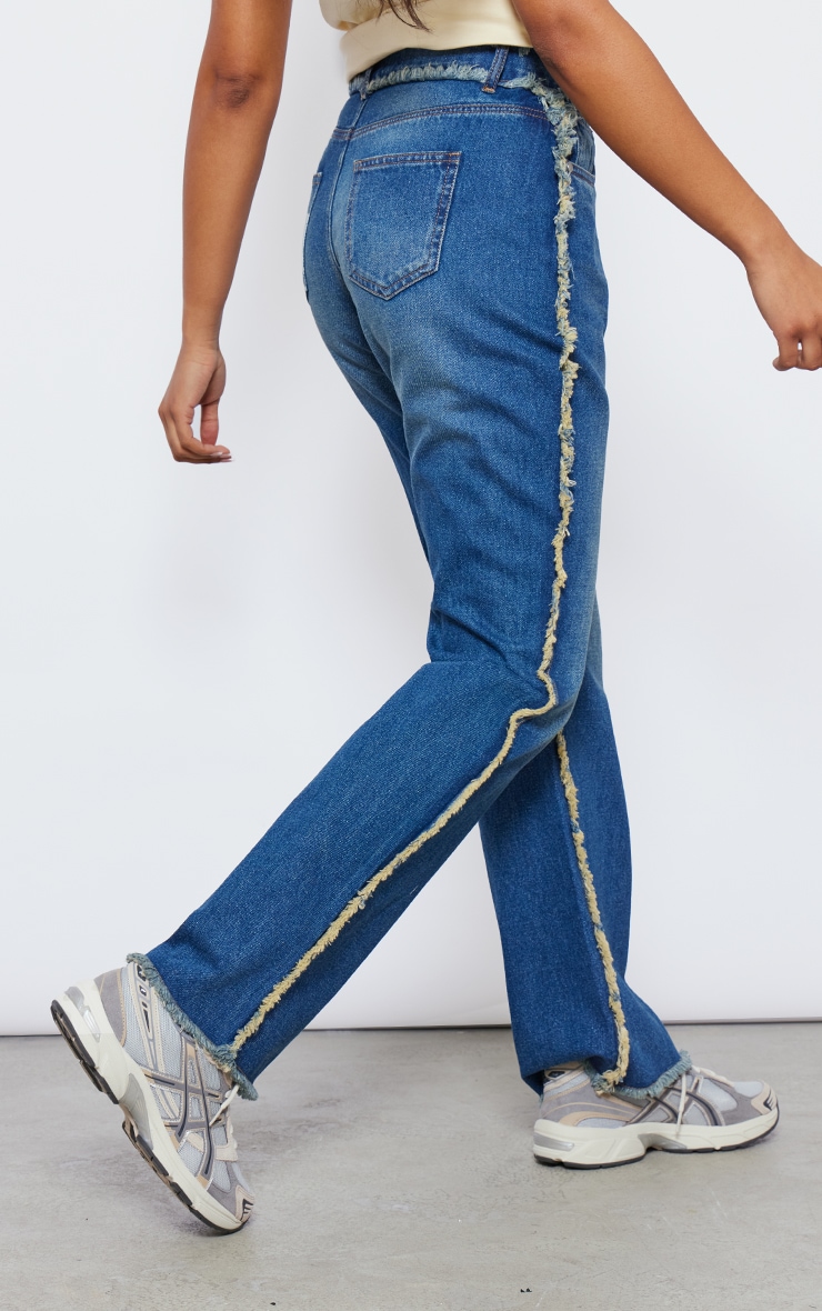 Tall Mid Blue Wash High Waist Seam Detail Straight Leg Jeans image 3
