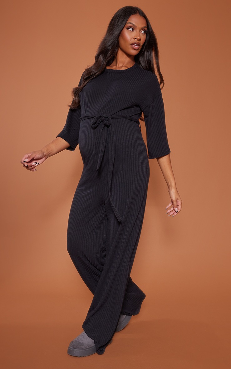 Maternity Black Ribbed Tie Waist Flared Jumpsuit image 3