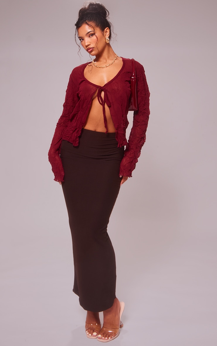 Oxblood Crinkle Mesh Tie Long Sleeved Top image 3