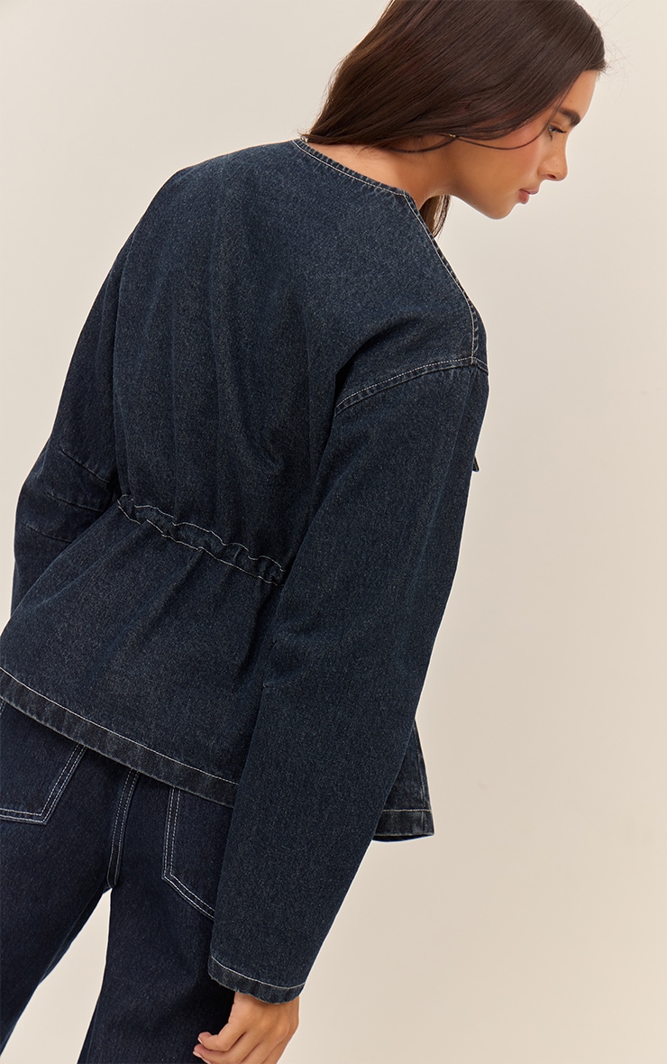 Indigo Round Neck Pocket Front Cinch Denim Jacket image 2